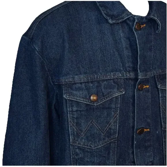VTG Wrangler Western Denim Jacket Men LG Classic Trucker Dark Blue Jean Button - Picture 3 of 9